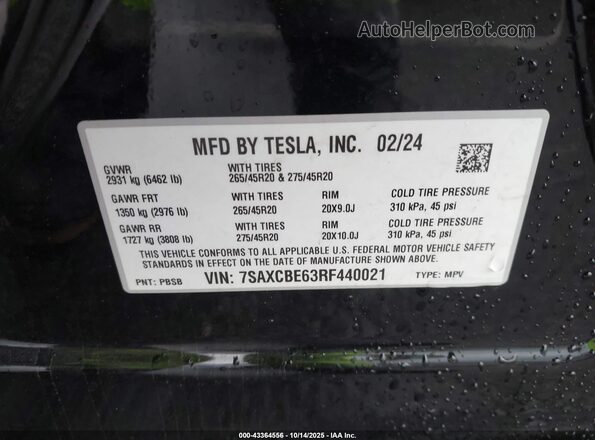 7SAXCBE63RF440021 2024 TESLA MODEL X Черный Вид подкапотного пространства