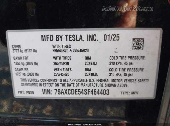 7SAXCDE54SF464403 2025 TESLA MODEL X Черный Вид подкапотного пространства