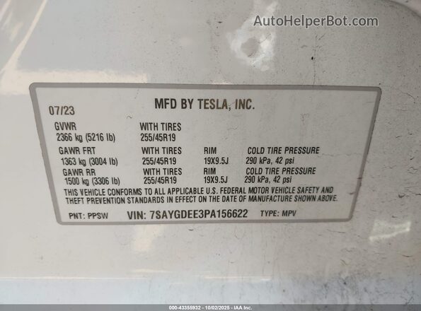 7SAYGDEE3PA156622 2023 TESLA MODEL Y White Widok komory silnika