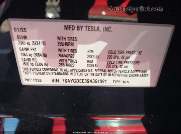 7SAYGDEE3SA361091 2025 TESLA MODEL Y Black Вид підкапотного простору