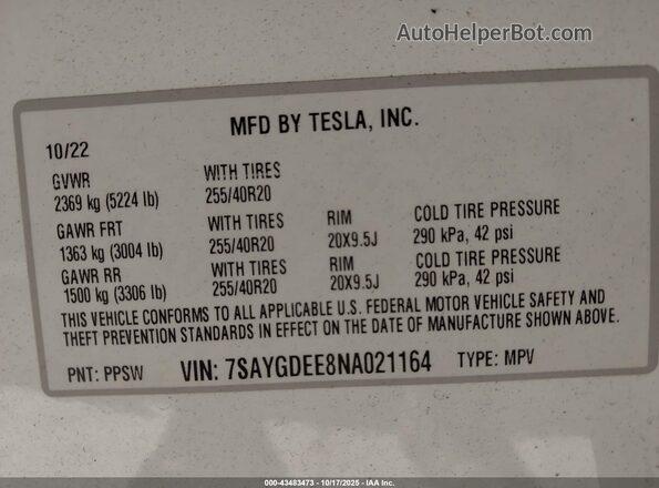 7SAYGDEE8NA021164 2022 TESLA MODEL Y Белый Вид подкапотного пространства