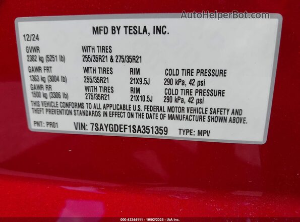 7SAYGDEF1SA351359 2025 TESLA MODEL Y Maroon Widok komory silnika