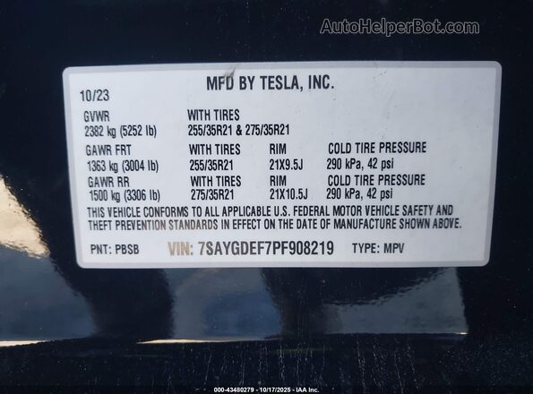 7SAYGDEF7PF908219 2023 TESLA MODEL Y Black ძრავის განყოფილების ხედი