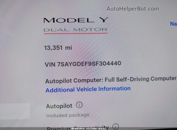 7SAYGDEF9SF304440 2025 TESLA MODEL Y Белый 