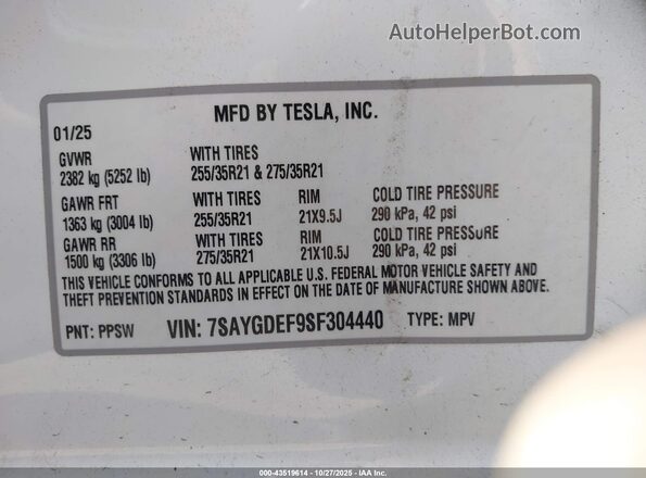 7SAYGDEF9SF304440 2025 TESLA MODEL Y Белый Вид подкапотного пространства