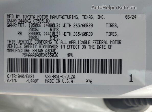 7SVAAABA8RX035036 2024 TOYOTA SEQUOIA Белый Панорамный вид салона 360°