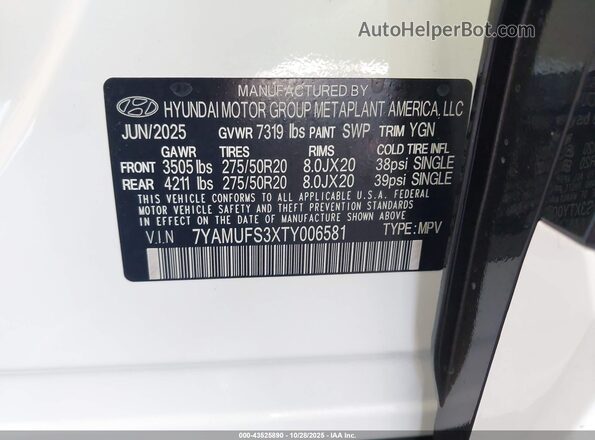 7YAMUFS3XTY006581 2026 HYUNDAI IONIQ 9 White Vista del compartimento del motor