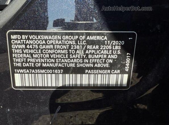 1VWSA7A35MC001637 2021 VOLKSWAGEN PASSAT Black უკანა სალონის ხედი