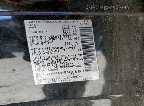 5N1DR2BM4LC594898 2020 NISSAN PATHFINDER Black Widok wnętrza 360 stopni