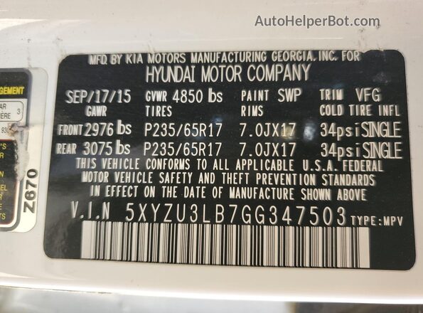 5XYZU3LB7GG347503 2016 HYUNDAI SANTA FE White Widok naklejki z numerem VIN