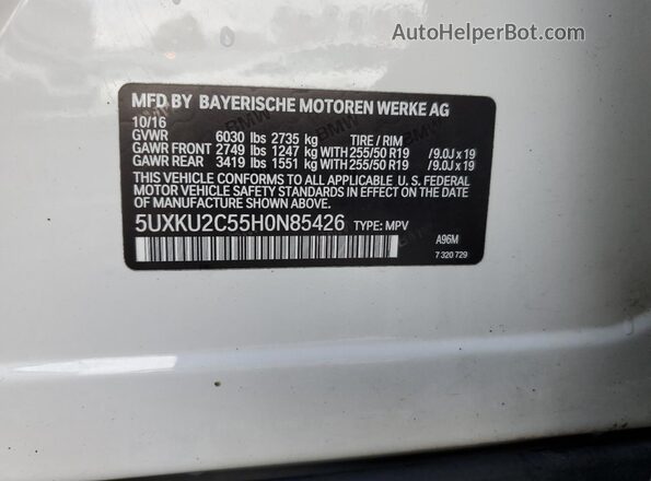 5UXKU2C55H0N85426 2017 BMW X6 Белый Вид наклейки с VIN-кодом