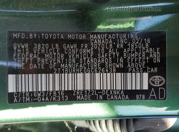 2T1BURHE0GC626438 2016 TOYOTA LL Зеленый Вид наклейки с VIN-кодом