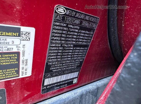 SALWR2SU8MA764845 2021 LAND ROVER RANGE Red უკანა სალონის ხედი