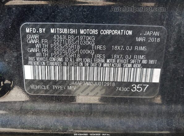 JA4AP3AW2JU012918 2018 MITSUBISHI OUTLANDER SPORT Black ძრავის განყოფილების ხედი