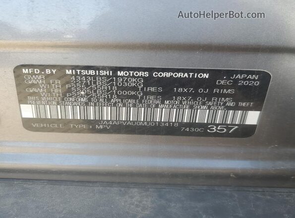 JA4APVAU0MU013418 2021 MITSUBISHI OUTLANDER Серый Вид наклейки с VIN-кодом