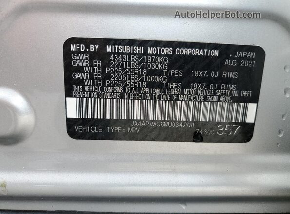 JA4APVAU6MU034208 2021 MITSUBISHI OUTLANDER Silver Вид наклейки з VIN-кодом
