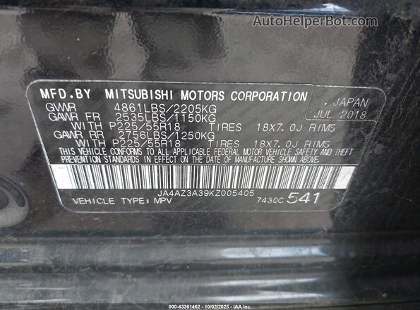 JA4AZ3A39KZ005405 2019 MITSUBISHI OUTLANDER Black Vista del compartimento del motor
