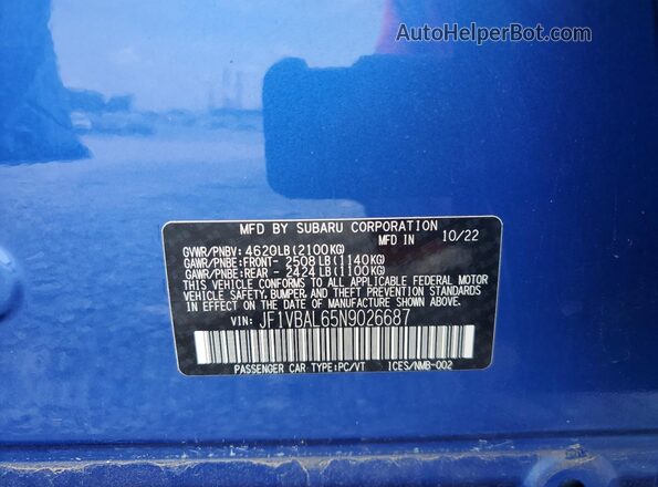 JF1VBAL65N9026687 2022 SUBARU WRX Blue Widok komory silnika