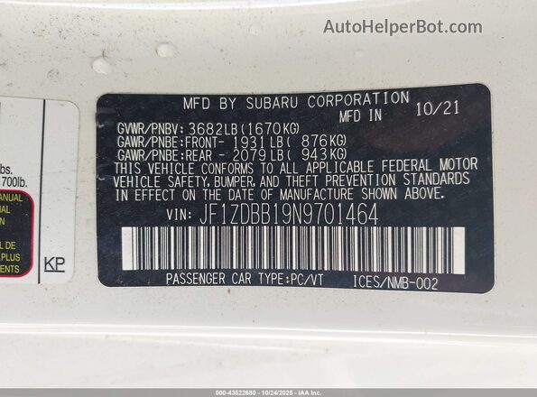 JF1ZDBB19N9701464 2022 SUBARU BRZ White ძრავის განყოფილების ხედი