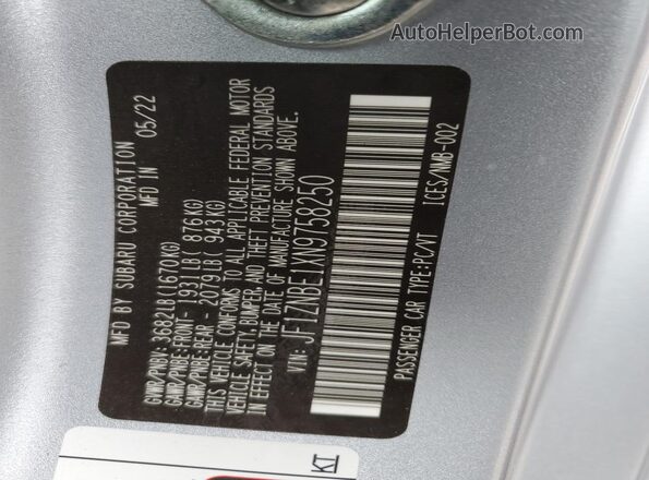 JF1ZNBE1XN9758250 2022 TOYOTA GR Серебряный Вид наклейки с VIN-кодом