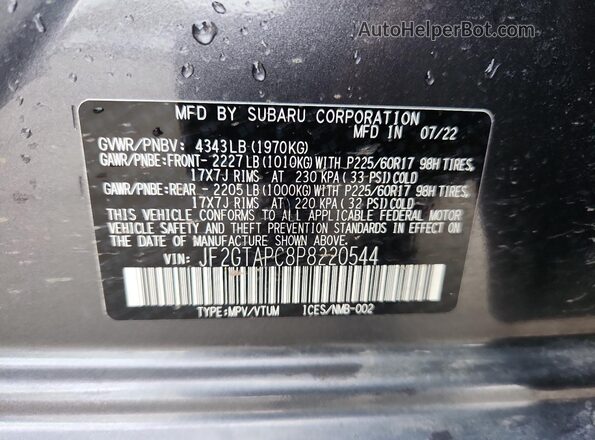JF2GTAPC8P8220544 2023 SUBARU CROSSTREK Gray Vista de la etiqueta del VIN