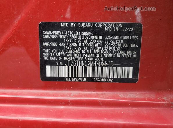 JF2GTHNC2MH308819 2021 SUBARU CROSSTREK Red VIN կոդի պիտակի տեսք