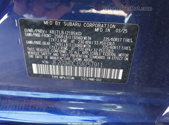 JF2GUHDC3SH257911 2025 SUBARU CROSSTREK Синий Вид подкапотного пространства