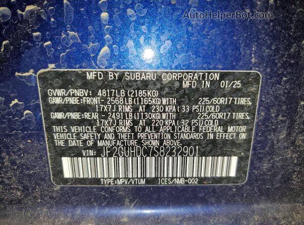 JF2GUHDC7S8232901 2025 SUBARU CROSSTREK Синий Вид наклейки с VIN-кодом