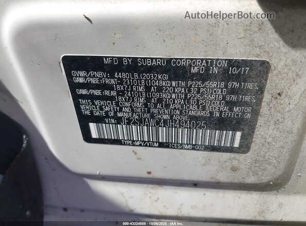 JF2SJAWC4JH494025 2018 SUBARU FORESTER 2.5I TO White Widok komory silnika