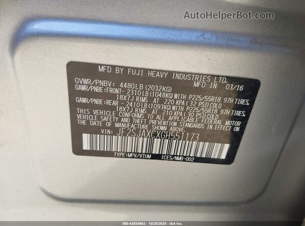 JF2SJAXCXGH551173 2016 SUBARU FORESTER Серебряный Вид подкапотного пространства