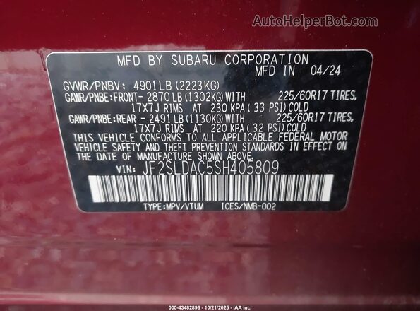 JF2SLDAC5SH405809 2025 SUBARU FORESTER Red Widok komory silnika