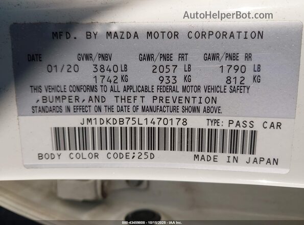 JM1DKDB75L1470178 2020 MAZDA CX-3 White Vista del compartimento del motor