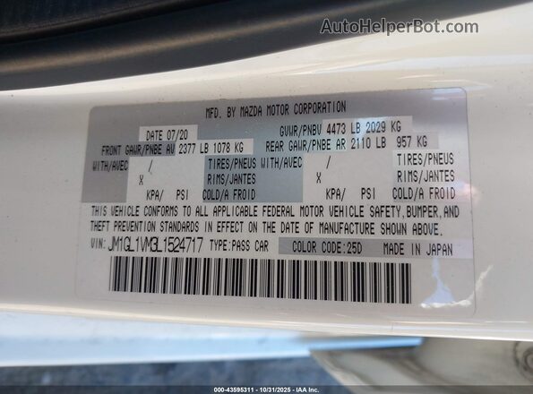 JM1GL1VM3L1524717 2020 MAZDA 6 White Widok komory silnika