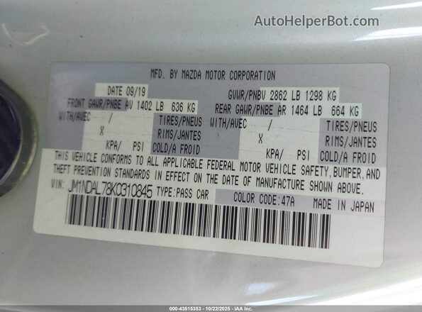JM1NDAL78K0310845 2019 MAZDA MX-5 MIATA RF Белый Вид подкапотного пространства