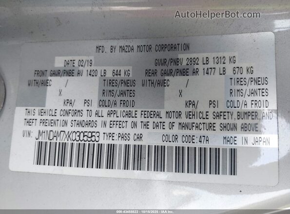 JM1NDAM7XK0305953 2019 MAZDA MX-5 MIATA RF White Widok komory silnika