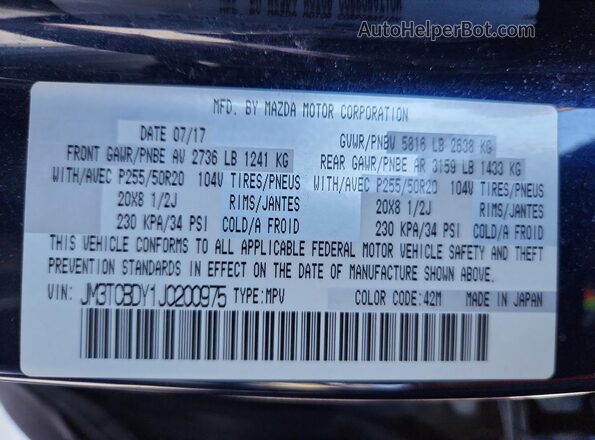 JM3TCBDY1J0200975 2018 MAZDA CX-9 Blue VIN sticker view