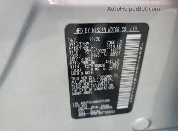 JN8AY2BA8M9371069 2021 NISSAN ARMADA Silver Widok naklejki z numerem VIN