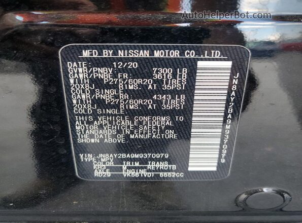 JN8AY2BA9M9370979 2021 NISSAN ARMADA Черный Вид наклейки с VIN-кодом