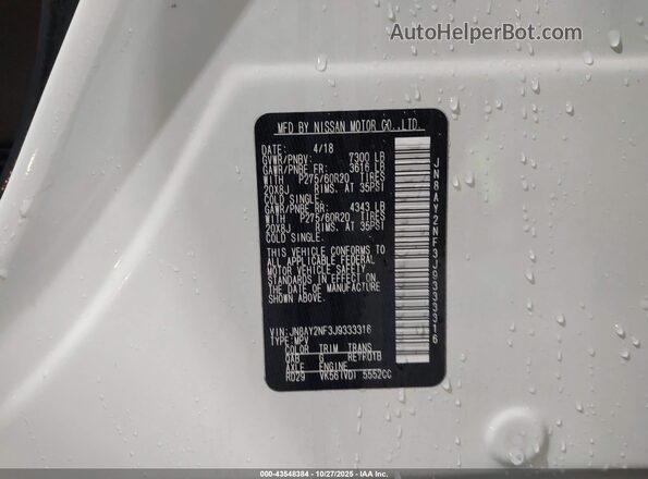 JN8AY2NF3J9333316 2018 NISSAN ARMADA White ძრავის განყოფილების ხედი