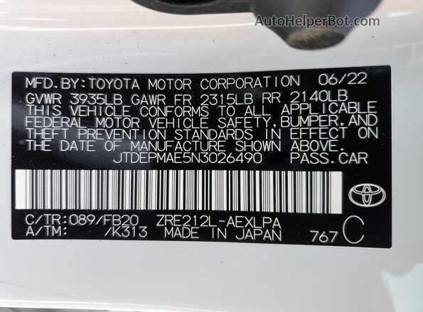 JTDEPMAE5N3026490 2022 TOYOTA LL White Widok komory silnika