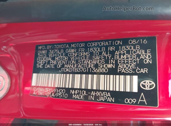 JTDKDTB37G1136880 2016 TOYOTA PRIUS C Red ძრავის განყოფილების ხედი