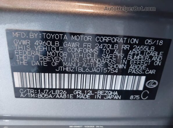 JTHBZ1BL6JA015754 2018 LEXUS GS 350 Серебряный Вид подкапотного пространства