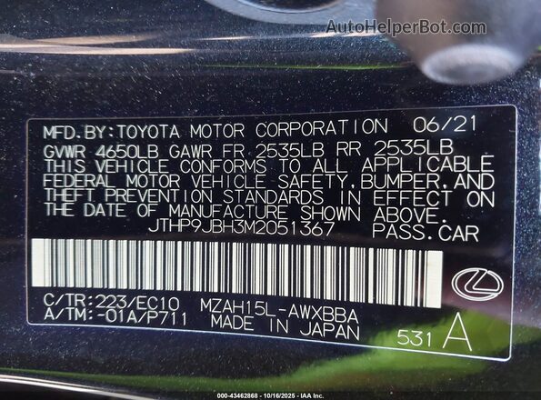 JTHP9JBH3M2051367 2021 LEXUS UX 250H Black Vista del compartimento del motor