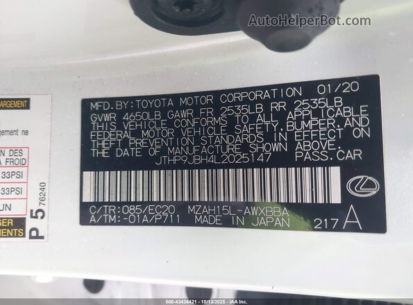 JTHP9JBH4L2025147 2020 LEXUS UX 250H White Widok komory silnika