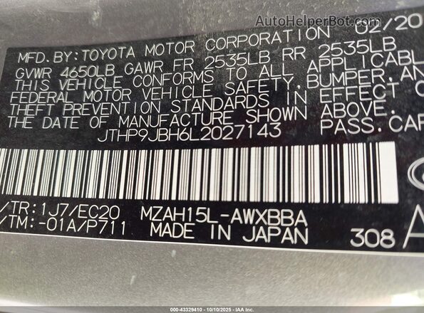 JTHP9JBH6L2027143 2020 LEXUS UX 250H Pewter Вид подкапотного пространства