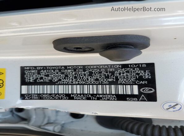 JTHY3JBHXK2002136 2019 LEXUS UX White VIN կոդի պիտակի տեսք