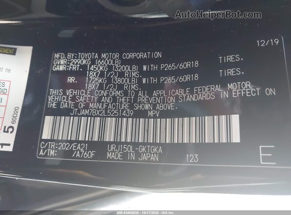 JTJAM7BX2L5251439 2020 LEXUS GX 460 Черный Вид подкапотного пространства