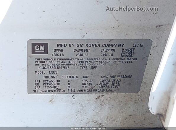 KL4CJASB9LB077547 2020 BUICK ENCORE White Вид підкапотного простору