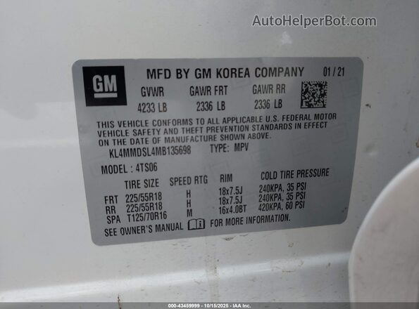 KL4MMDSL4MB135698 2021 BUICK ENCORE Белый Вид подкапотного пространства
