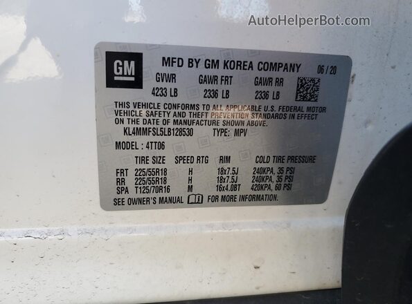 KL4MMFSL5LB128530 2020 BUICK ENCORE White VIN կոդի պիտակի տեսք